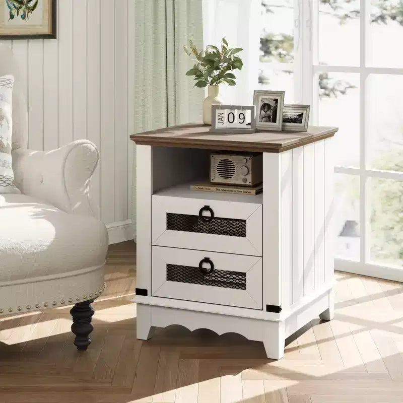 Farmhouse Nightstand with Charging Station, Drawers, Open Cubby Storage, Bedside Table for Bedroom Living Room