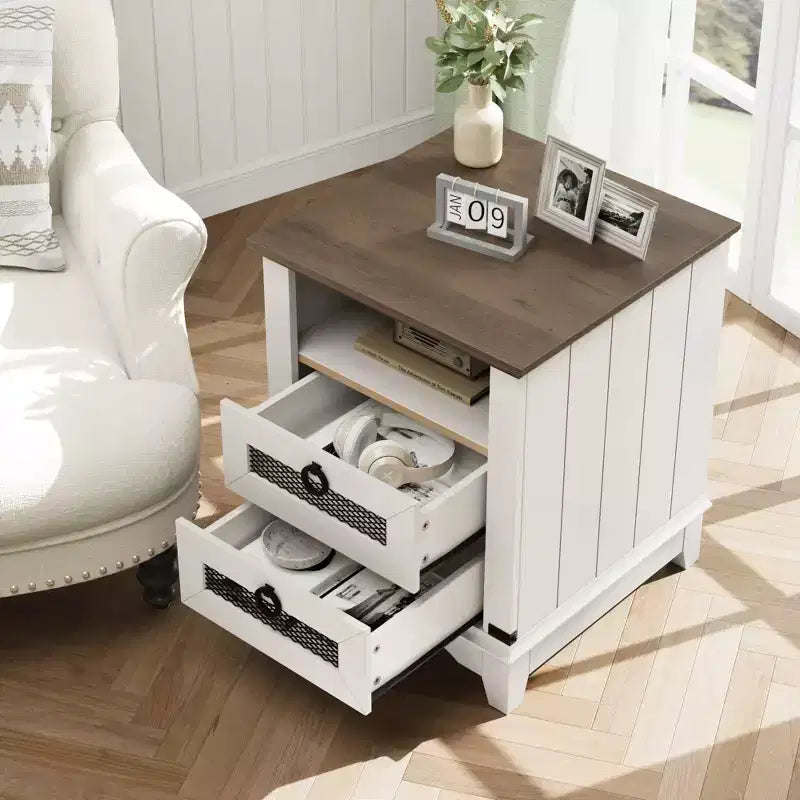 Farmhouse Nightstand with Charging Station, Drawers, Open Cubby Storage, Bedside Table for Bedroom Living Room