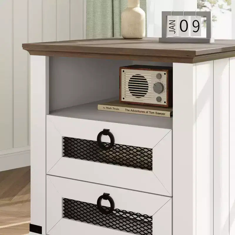 Farmhouse Nightstand with Charging Station, Drawers, Open Cubby Storage, Bedside Table for Bedroom Living Room