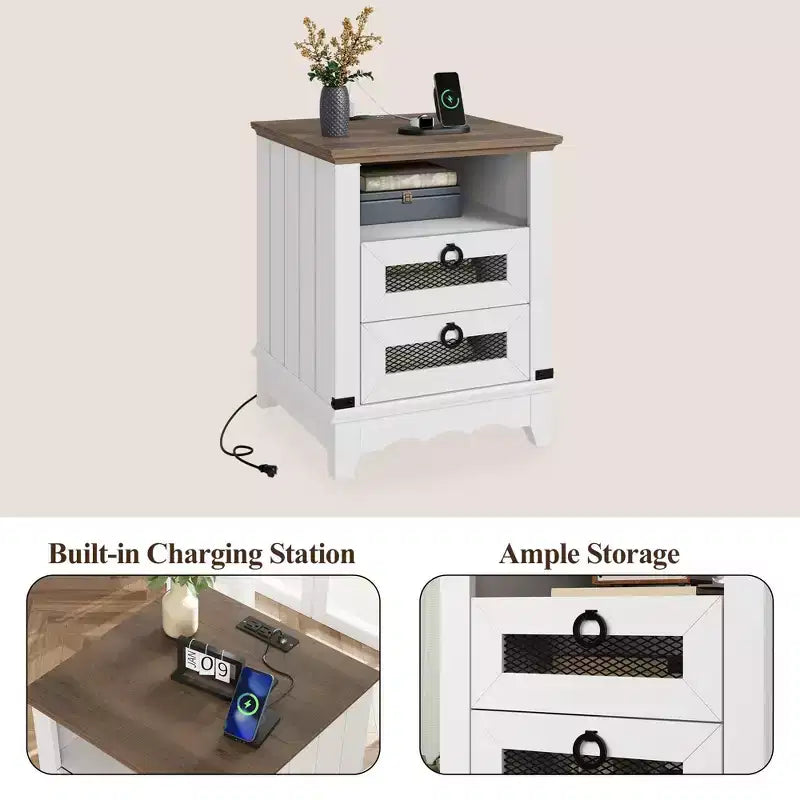 Farmhouse Nightstand with Charging Station, Drawers, Open Cubby Storage, Bedside Table for Bedroom Living Room