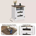 Table de chevet de ferme avec station de recharge, tiroirs, rangement ouvert, table de chevet pour chambre à coucher, salon