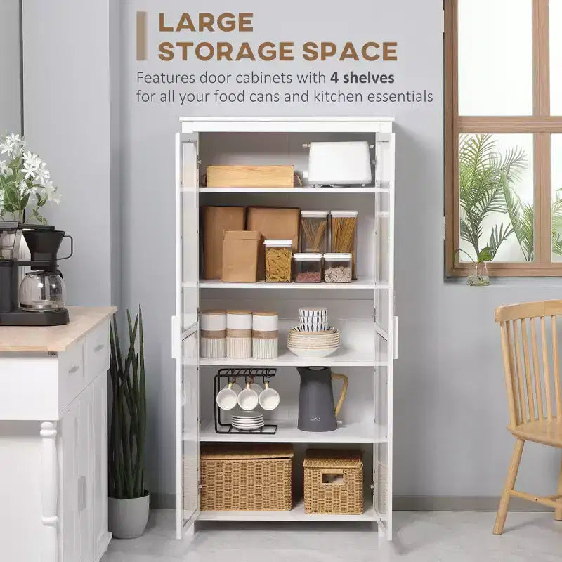 Kitchen Pantry Cabinet, Freestanding Storage Cabinet, Display Cabinet with 2 Glass Door and 2 Adjustable Shelves for Dining Room