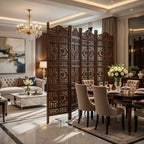 Royal Hampton 71 Inch 4 Panel Mango Wood Room Divider, Hand Carved, Sun & Moon Design, Brown