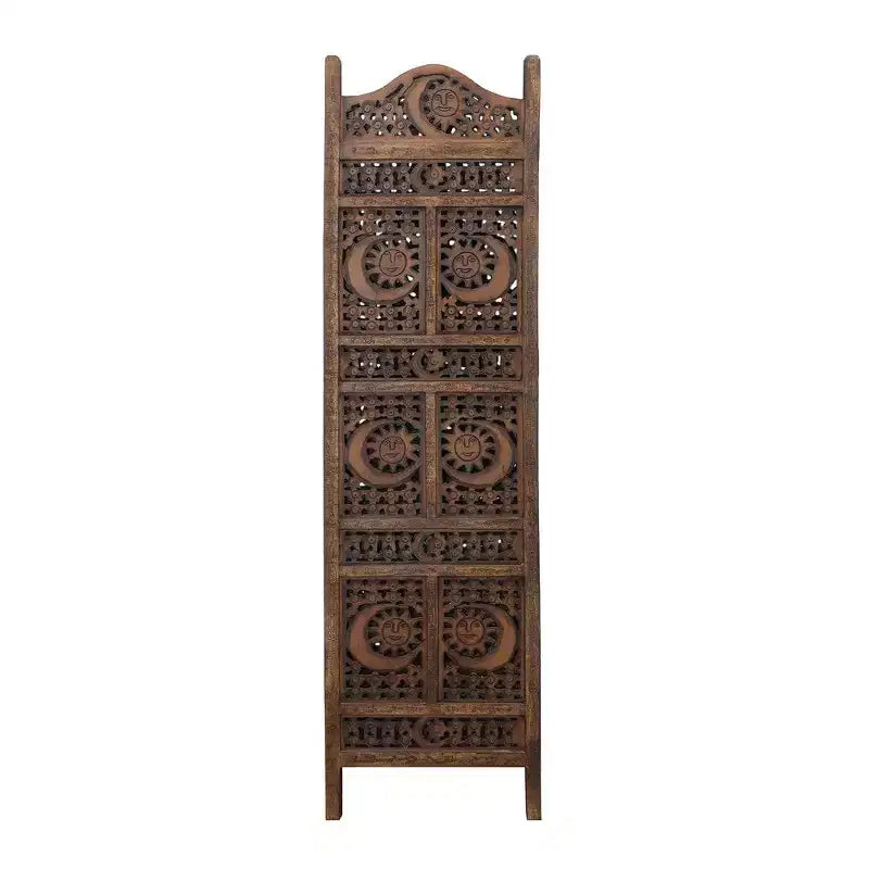 Inch 4 Panel Mango Wood Room Divider, Hand Carved, Sun & Moon Design, Brown