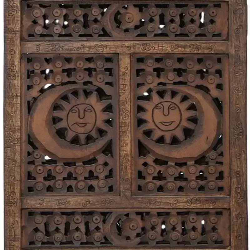 Inch 4 Panel Mango Wood Room Divider, Hand Carved, Sun & Moon Design, Brown