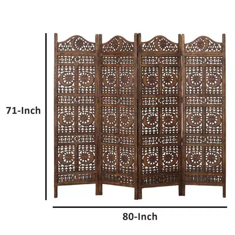 Inch 4 Panel Mango Wood Room Divider, Hand Carved, Sun & Moon Design, Brown