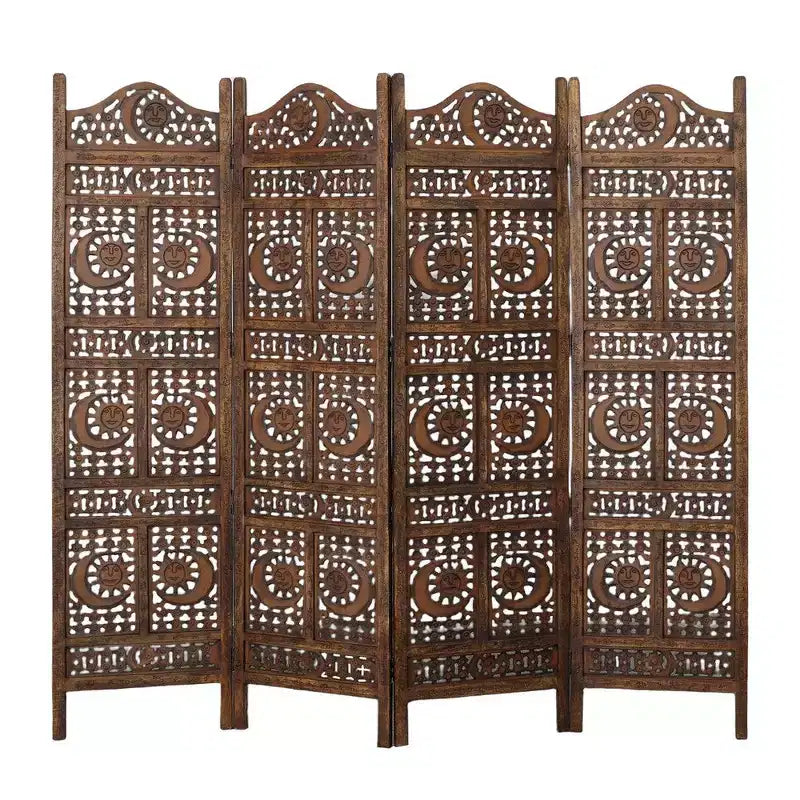 Inch 4 Panel Mango Wood Room Divider, Hand Carved, Sun & Moon Design, Brown