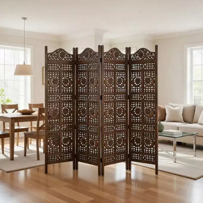 Inch 4 Panel Mango Wood Room Divider, Hand Carved, Sun & Moon Design, Brown
