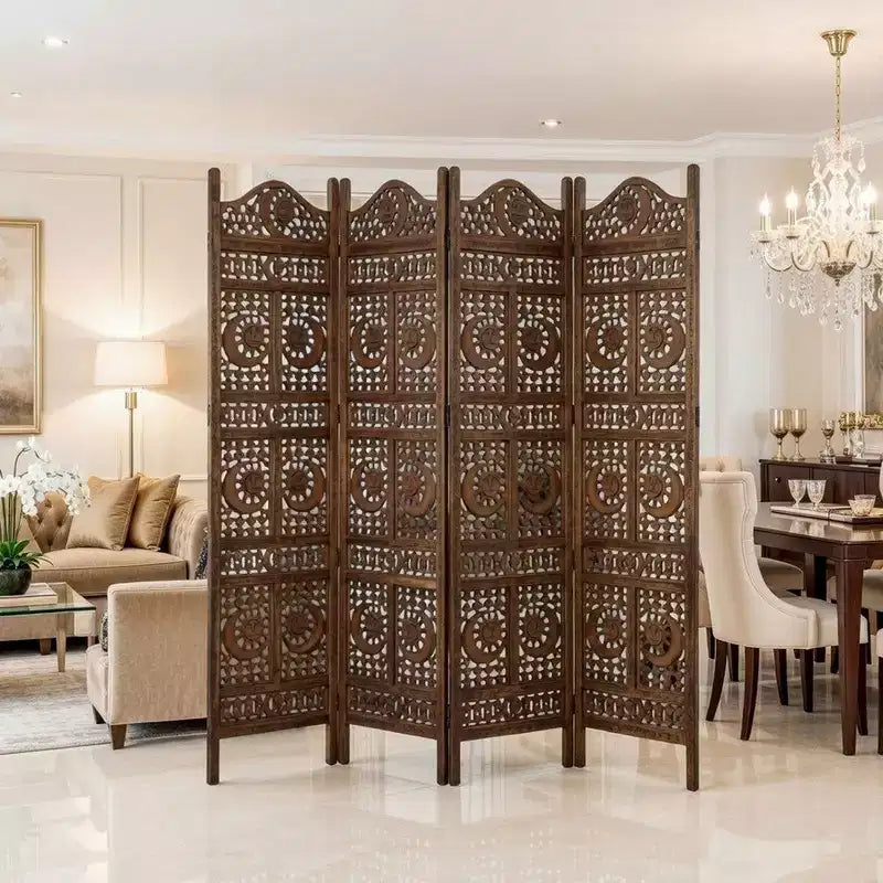 Inch 4 Panel Mango Wood Room Divider, Hand Carved, Sun & Moon Design, Brown