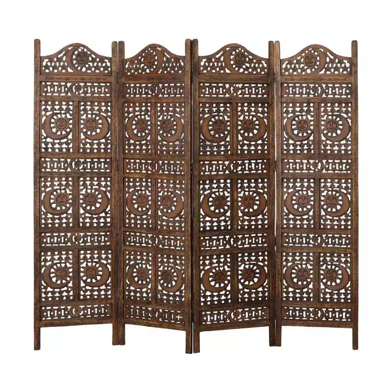 Inch 4 Panel Mango Wood Room Divider, Hand Carved, Sun & Moon Design, Brown