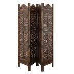 Paravent en bois de manguier de 10 cm, 4 panneaux, sculpté à la main, motif soleil et lune, marron