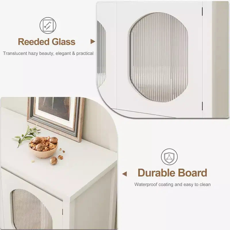 Modern Coffee Bar Cabinet with Storage Function, White Console Table with Fluted Glass Doors and Open Shelves, Buffet Sideboard for Entryway, Kitchen