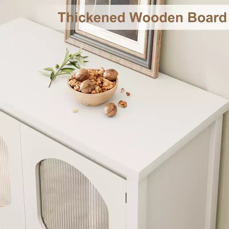 Modern Coffee Bar Cabinet with Storage Function, White Console Table with Fluted Glass Doors and Open Shelves, Buffet Sideboard for Entryway, Kitchen
