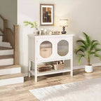 Meuble de bar à café moderne avec fonction de rangement, console blanche avec portes en verre cannelé et étagères ouvertes, buffet pour entrée, cuisine