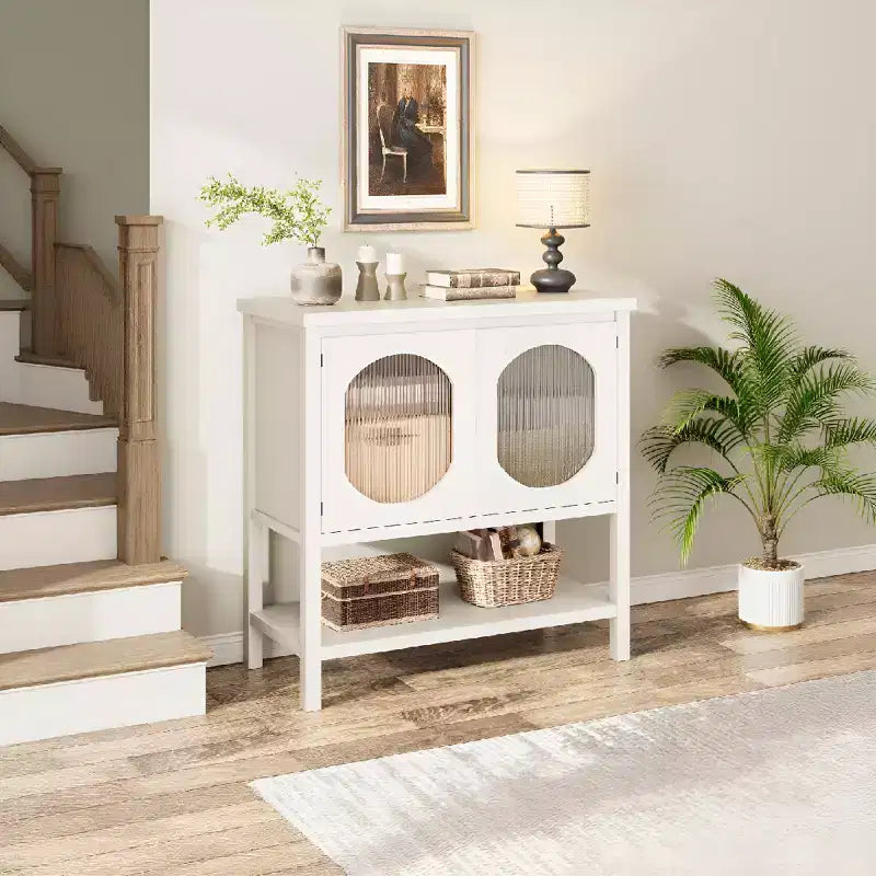 Modern Coffee Bar Cabinet with Storage Function, White Console Table with Fluted Glass Doors and Open Shelves, Buffet Sideboard for Entryway, Kitchen