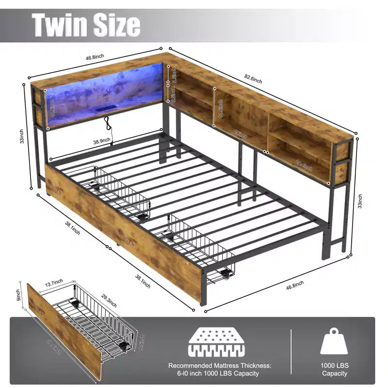 Twin/Full Kids =Daybed Corner Bed Frame with Storage Bookcase & LED Light,Modern Bookcase Platform Bed,No Box Spring Needed