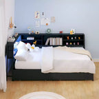 Lit de coin gigogne/double pour enfants avec bibliothèque de rangement et éclairage LED, lit plate-forme moderne avec bibliothèque, pas besoin de sommier.