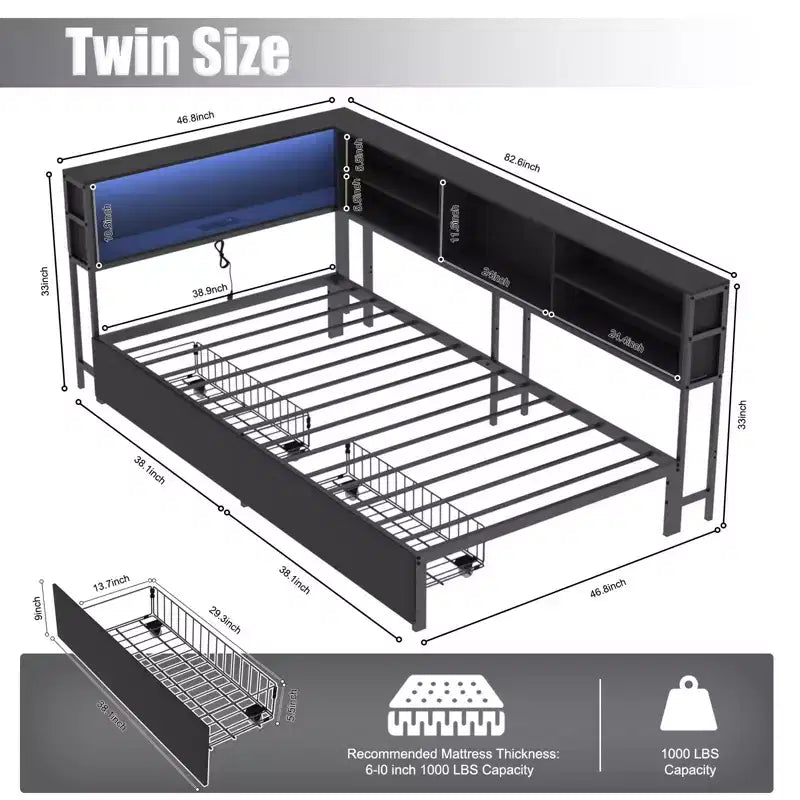 Twin/Full Kids =Daybed Corner Bed Frame with Storage Bookcase & LED Light,Modern Bookcase Platform Bed,No Box Spring Needed
