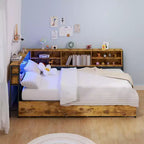 Lit de coin gigogne/double pour enfants avec bibliothèque de rangement et éclairage LED, lit plate-forme moderne avec bibliothèque, pas besoin de sommier.