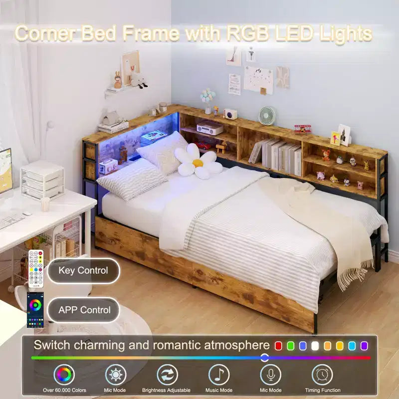 Twin/Full Kids =Daybed Corner Bed Frame with Storage Bookcase & LED Light,Modern Bookcase Platform Bed,No Box Spring Needed