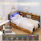 Lit de coin gigogne/double pour enfants avec bibliothèque de rangement et éclairage LED, lit plate-forme moderne avec bibliothèque, pas besoin de sommier.