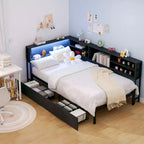Okak Twin/Full Kids =Daybed Corner Bed Frame with Storage Bookcase & LED Light,Modern Bookcase Platform Bed,No Box Spring Needed