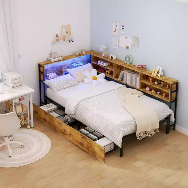 Twin/Full Kids =Daybed Corner Bed Frame with Storage Bookcase & LED Light,Modern Bookcase Platform Bed,No Box Spring Needed