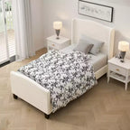 Cadre de lit plateforme en bois de toutes tailles avec tête de lit capitonnée en tissu Teddy, lit moderne et moelleux sans sommier tapissier requis