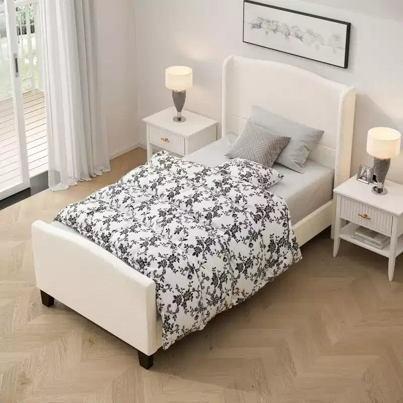 All Size Wooden High Back Platform Bed Frame with Teddy Upholstered Headboard,Modern Soft Bed No Box Spring Needed