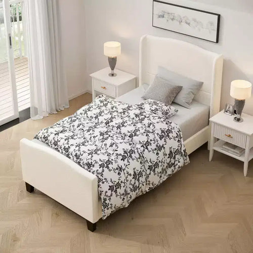 All Size Wooden High Back Platform Bed Frame with Teddy Upholstered Headboard,Modern Soft Bed No Box Spring Needed