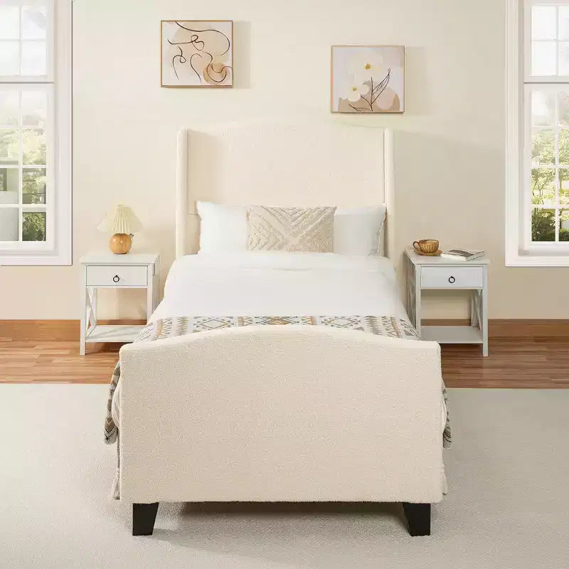 All Size Wooden High Back Platform Bed Frame with Teddy Upholstered Headboard,Modern Soft Bed No Box Spring Needed