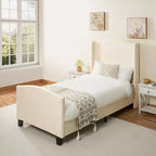 Cadre de lit plateforme en bois de toutes tailles avec tête de lit capitonnée en tissu Teddy, lit moderne et moelleux sans sommier tapissier requis