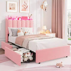 COZONY Twin Bed Frame with Storage Headboard, Boucle Upholstered Platform Bed with 2 Drawers, No Box Spring Needed
