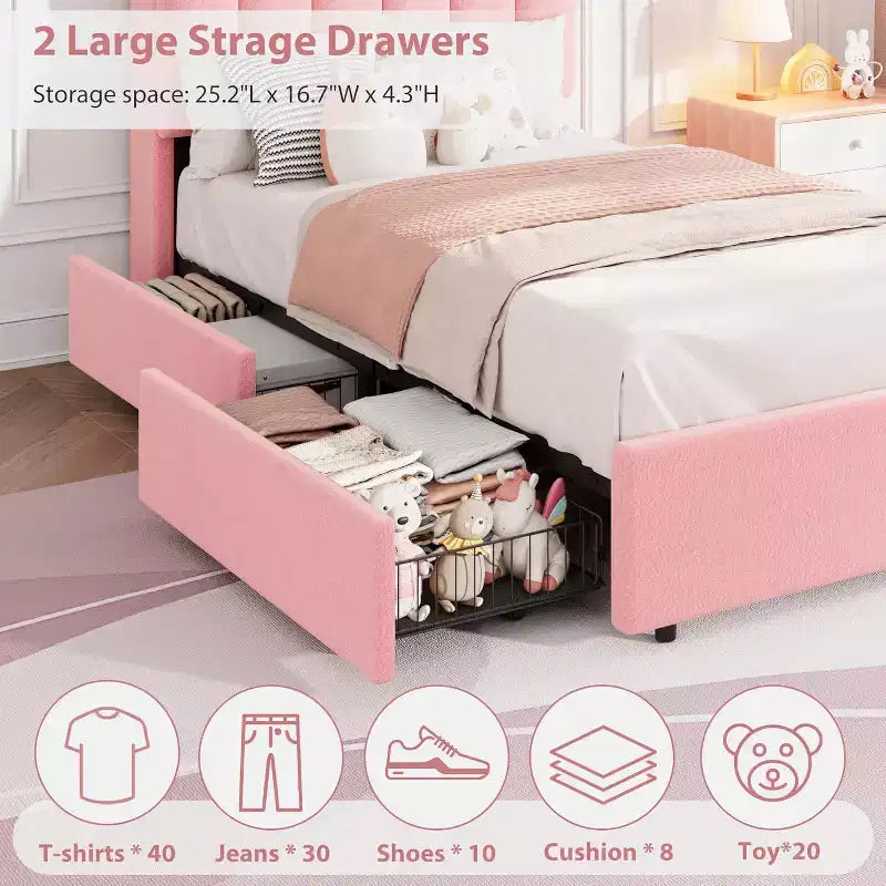 Twin Bed Frame with Storage Headboard, Boucle Upholstered Platform Bed with 2 Drawers, No Box Spring Needed