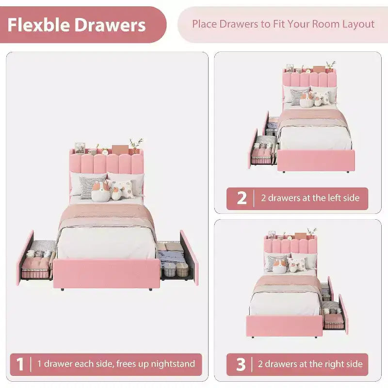 Twin Bed Frame with Storage Headboard, Boucle Upholstered Platform Bed with 2 Drawers, No Box Spring Needed