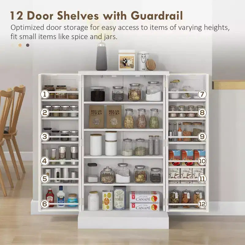 Freestanding Kitchen Pantry, Kitchen Storage Cabinet with 5-Tier Shelf, 12 Spice Racks, Adjustable Shelves
