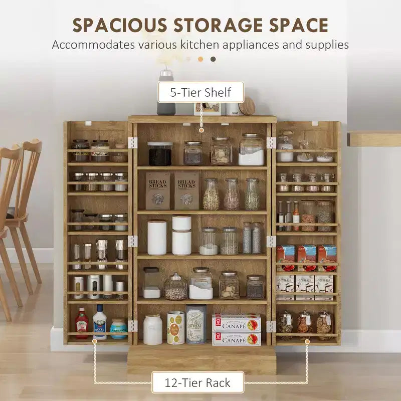 Freestanding Kitchen Pantry, Kitchen Storage Cabinet with 5-Tier Shelf, 12 Spice Racks, Adjustable Shelves