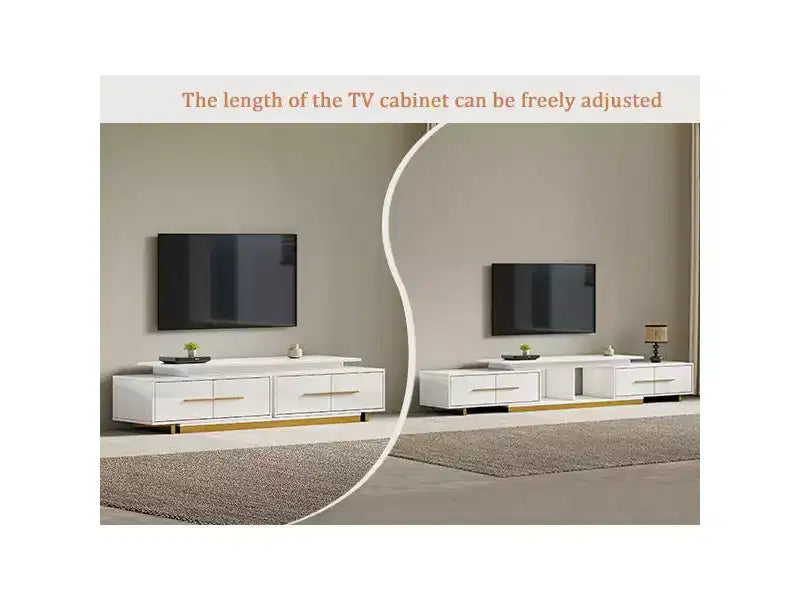 Extendable TV Stand for TVs up to 100, Mid-Century Modern Media Console with Walnut Finish, Stainless Steel Base for Living Room