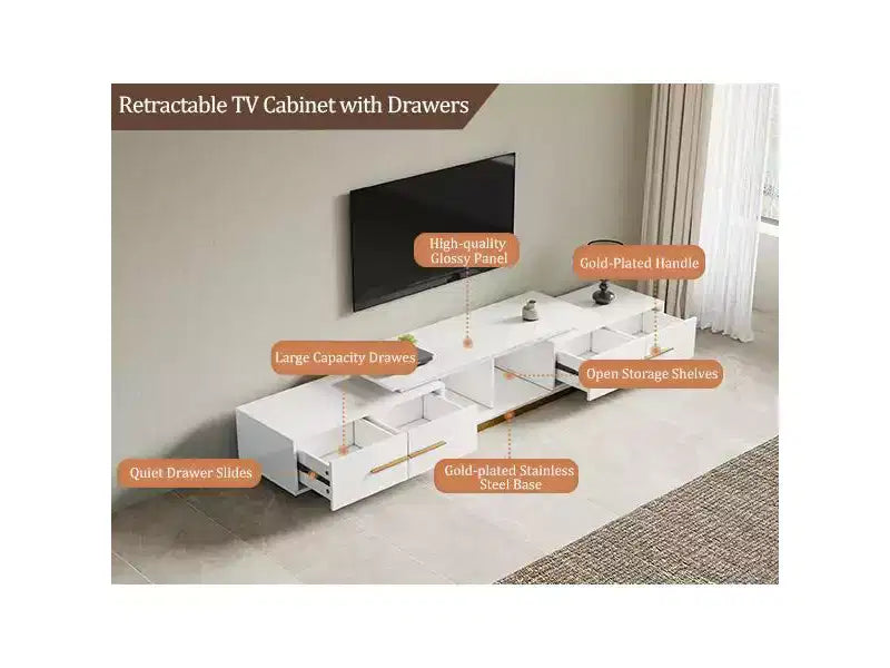 Extendable TV Stand for TVs up to 100, Mid-Century Modern Media Console with Walnut Finish, Stainless Steel Base for Living Room