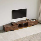 Meuble TV extensible pour téléviseurs jusqu'à 100", console média moderne du milieu du siècle avec finition noyer, base en acier inoxydable pour salon