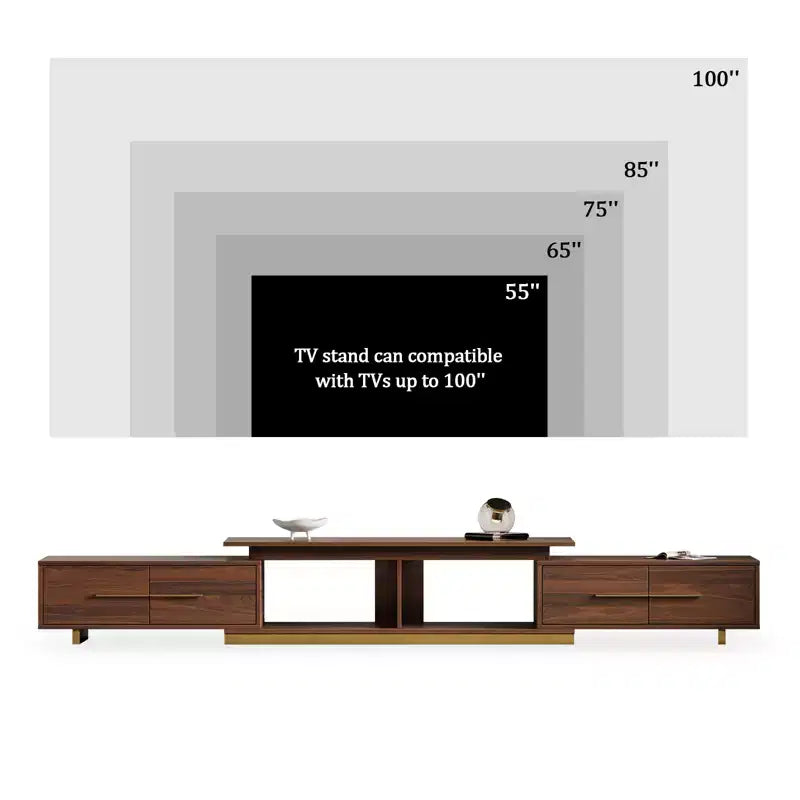 Extendable TV Stand for TVs up to 100, Mid-Century Modern Media Console with Walnut Finish, Stainless Steel Base for Living Room