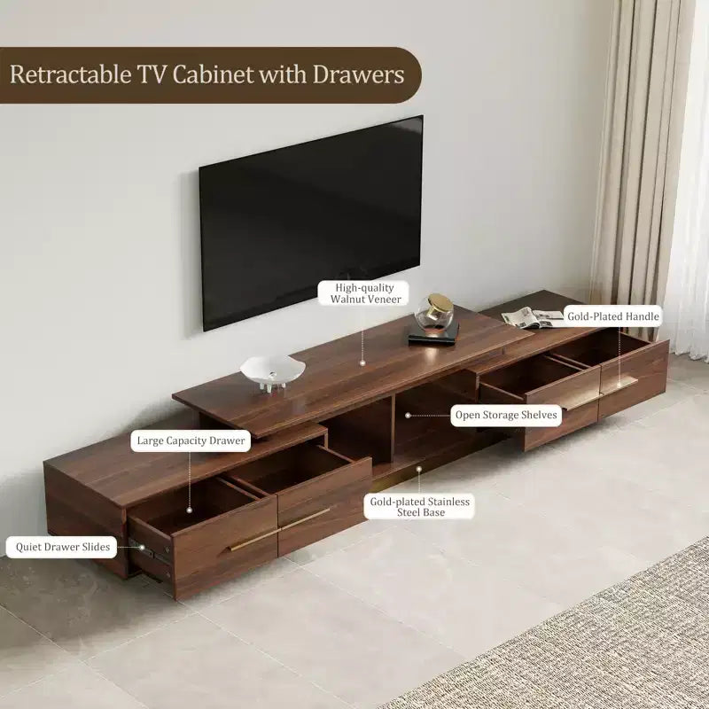Extendable TV Stand for TVs up to 100, Mid-Century Modern Media Console with Walnut Finish, Stainless Steel Base for Living Room