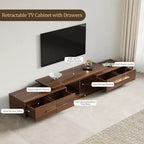 Meuble TV extensible pour téléviseurs jusqu'à 100", console média moderne du milieu du siècle avec finition noyer, base en acier inoxydable pour salon