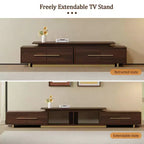 Meuble TV extensible pour téléviseurs jusqu'à 100", console média moderne du milieu du siècle avec finition noyer, base en acier inoxydable pour salon