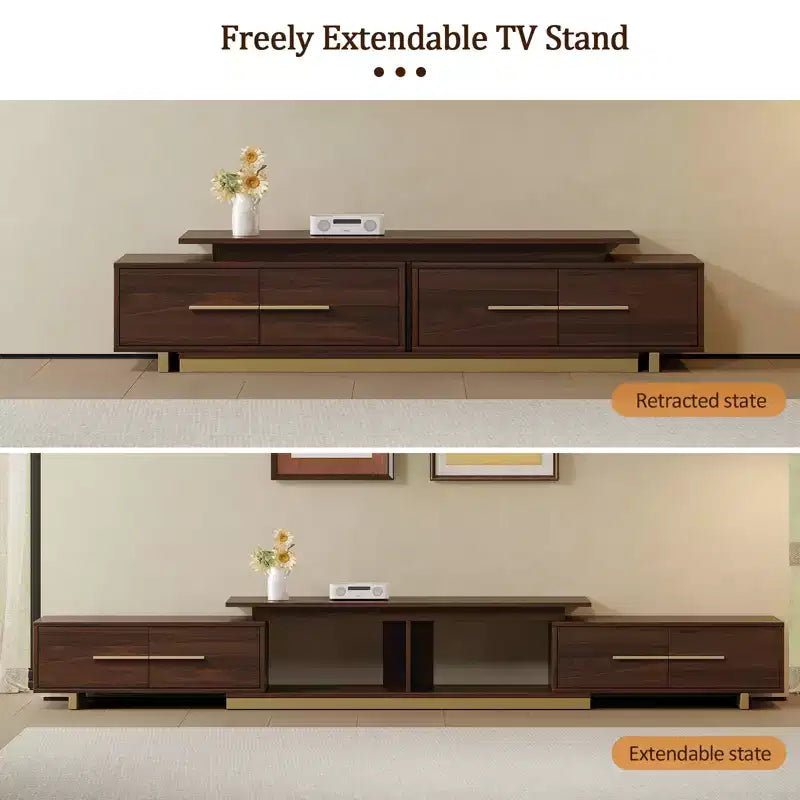 Extendable TV Stand for TVs up to 100, Mid-Century Modern Media Console with Walnut Finish, Stainless Steel Base for Living Room
