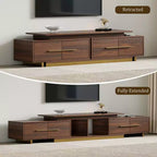 Meuble TV extensible pour téléviseurs jusqu'à 100", console média moderne du milieu du siècle avec finition noyer, base en acier inoxydable pour salon