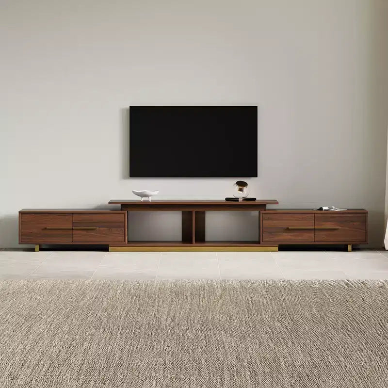 Extendable TV Stand for TVs up to 100, Mid-Century Modern Media Console with Walnut Finish, Stainless Steel Base for Living Room