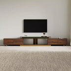Meuble TV extensible pour téléviseurs jusqu'à 100", console média moderne du milieu du siècle avec finition noyer, base en acier inoxydable pour salon