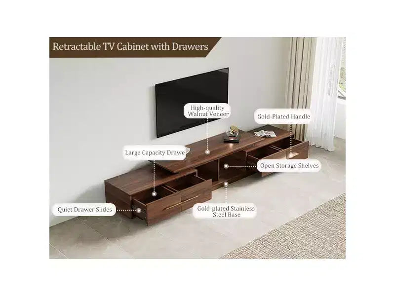 Extendable TV Stand for TVs up to 100, Mid-Century Modern Media Console with Walnut Finish, Stainless Steel Base for Living Room