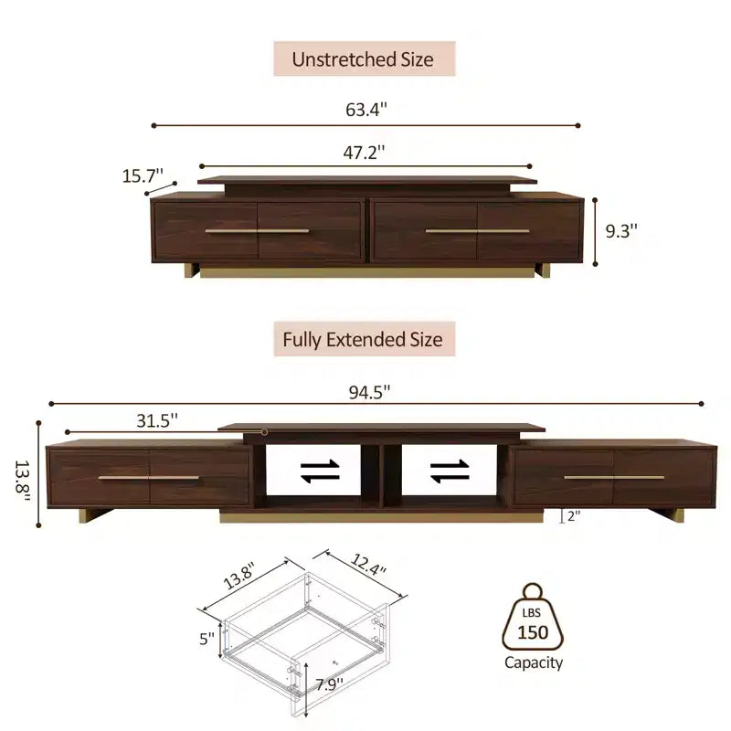 Extendable TV Stand for TVs up to 100, Mid-Century Modern Media Console with Walnut Finish, Stainless Steel Base for Living Room
